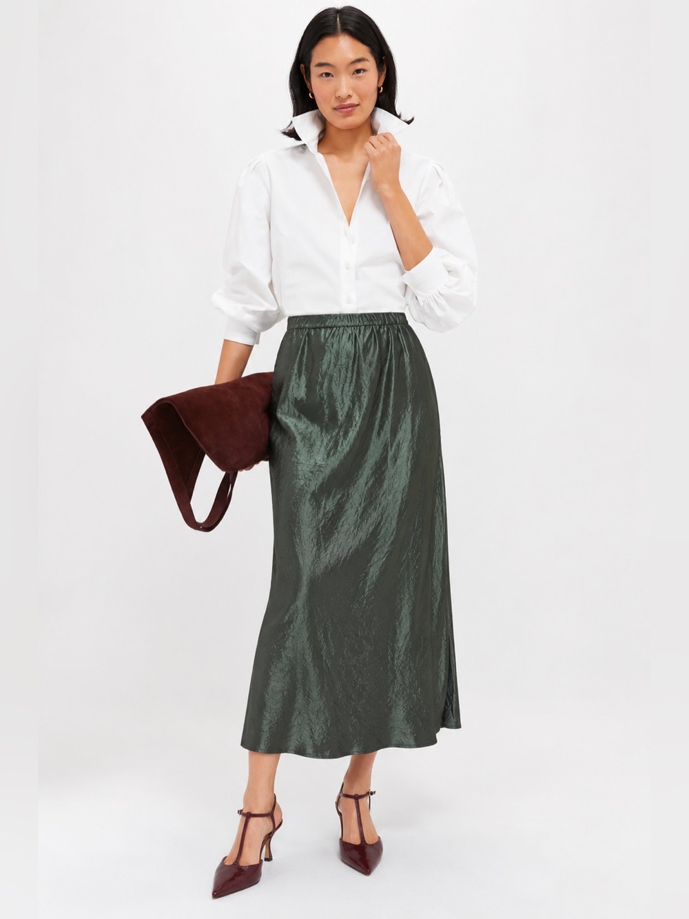 NWT Eileen Fisher Petite Textured Satin Elastic Waist Bias Maxi Skirt Sz M - Picture 1 of 9
